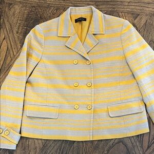 Talbots Double Breasted Lined Cropped Blazer, Yellow/Khaki Striped, Sz Womens 14